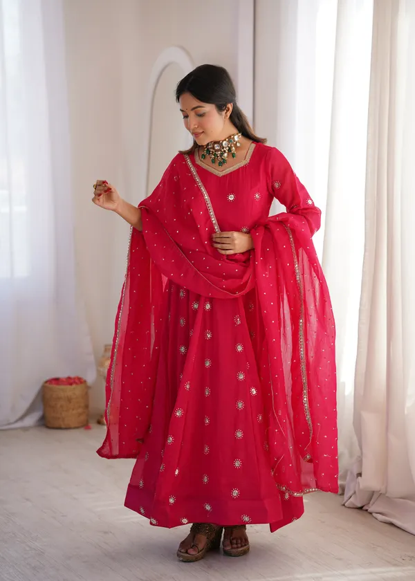 Rani_Pink_Flared_Anarkali_Kurta_Set_With_Matching_Trousers_And_A_Dupatta