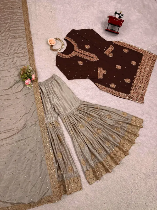 Brown_Embroidered_Sharara_Set_Featuring_Intricate_Zari_Thread_Work_And_A_Matching_Dupatta