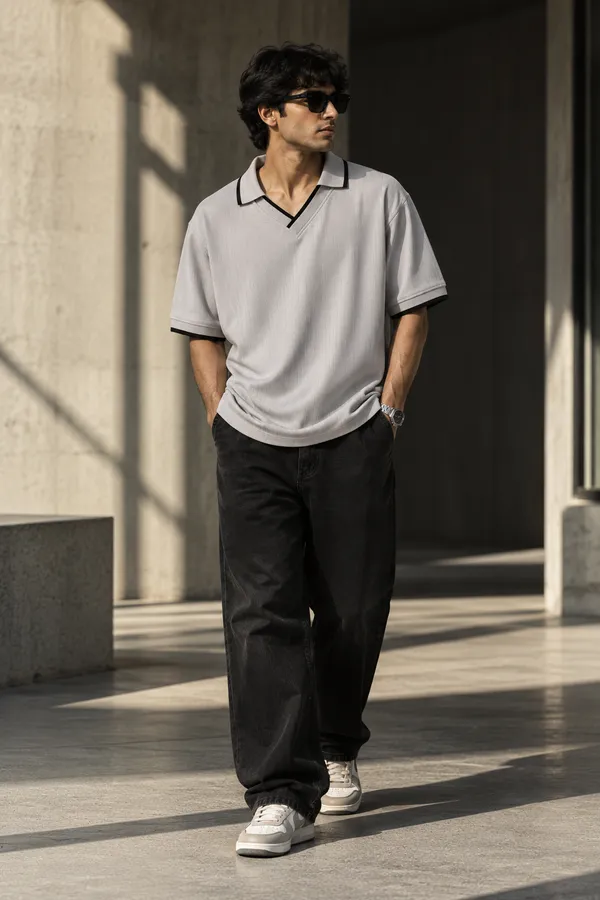 Grey_Jacquard_Contrast_Piping_Polo_T_Shirt_For_Men
