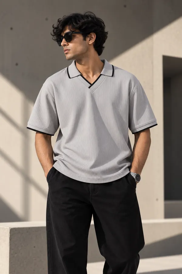 Grey_Jacquard_Contrast_Piping_Polo_T_Shirt_For_Men