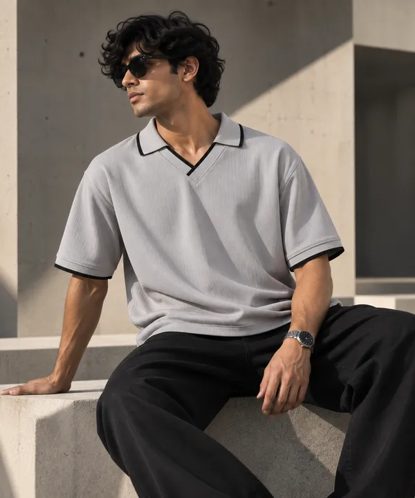 Grey_Jacquard_Contrast_Piping_Polo_T_Shirt_For_Men