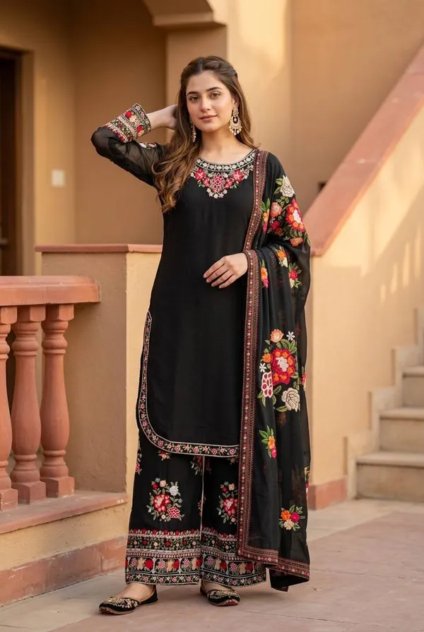 Black_Faux_Georgette_Embroidered_Party_Wear_Kurti_Set_For_Women
