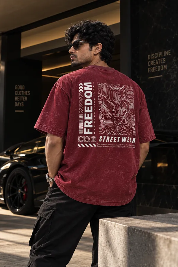 Maroon_Cotton_Acid_Wash_Drop_Shoulder_Graphic_T_Shirt_For_Men