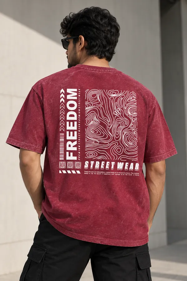Maroon_Cotton_Acid_Wash_Drop_Shoulder_Graphic_T_Shirt_For_Men