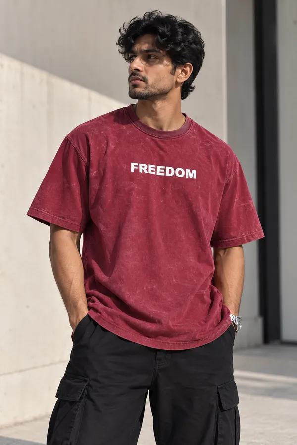 Maroon_Cotton_Acid_Wash_Drop_Shoulder_Graphic_T_Shirt_For_Men