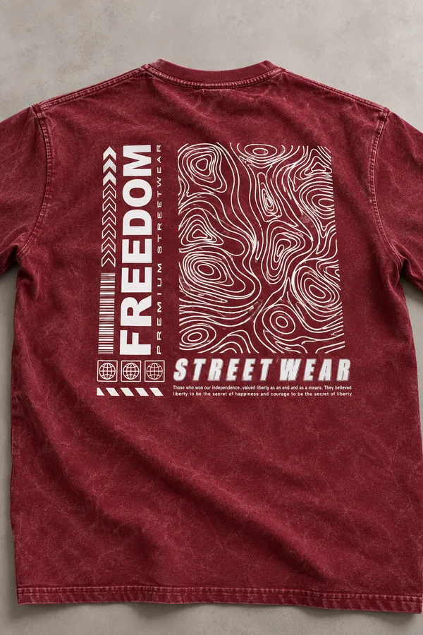 Maroon_Cotton_Acid_Wash_Drop_Shoulder_Graphic_T_Shirt_For_Men