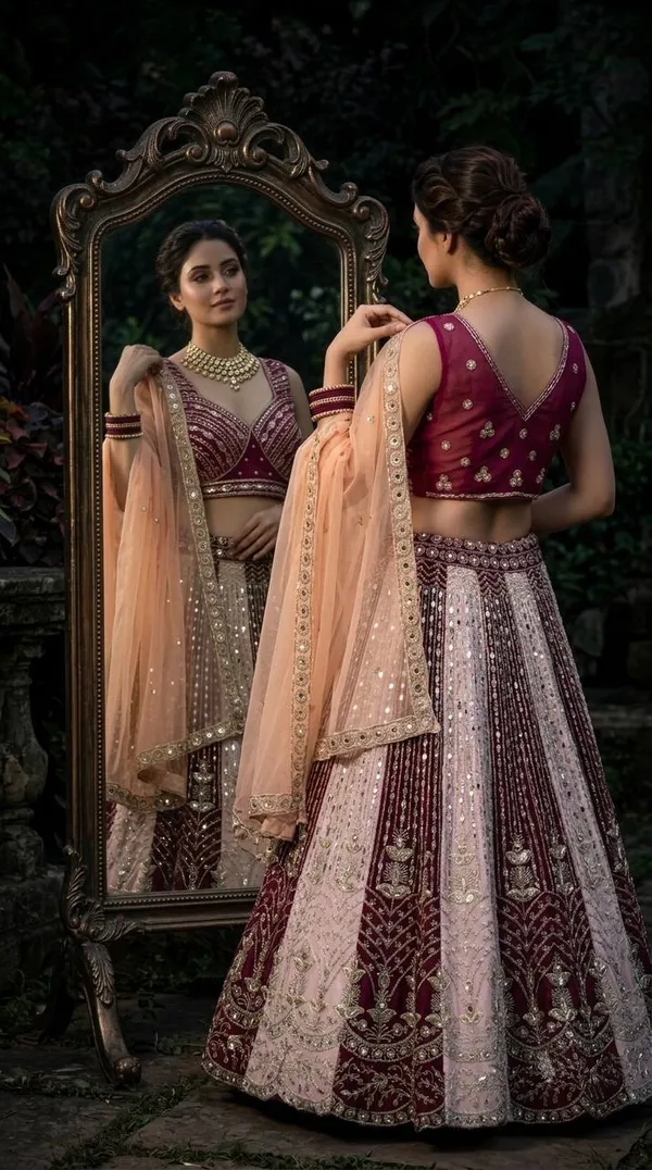 Maroon_And_Silver-Toned_Embroidered_Semi-Stitched_Lehenga_Choli_With_A_Peach_Dupatta