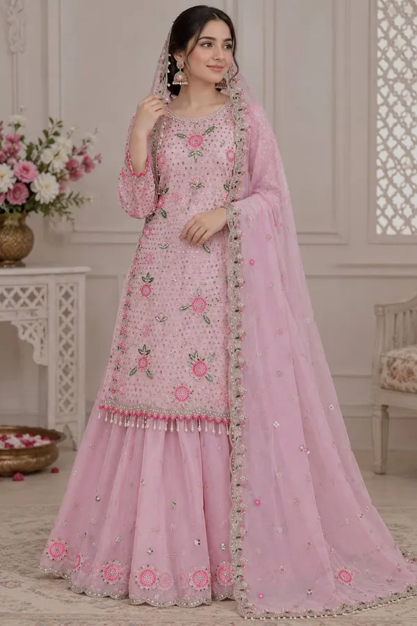 Pink_Floral_Embroidered_Georgette_Kurta_And_Sharara_Set_With_A_Matching_Dupatta