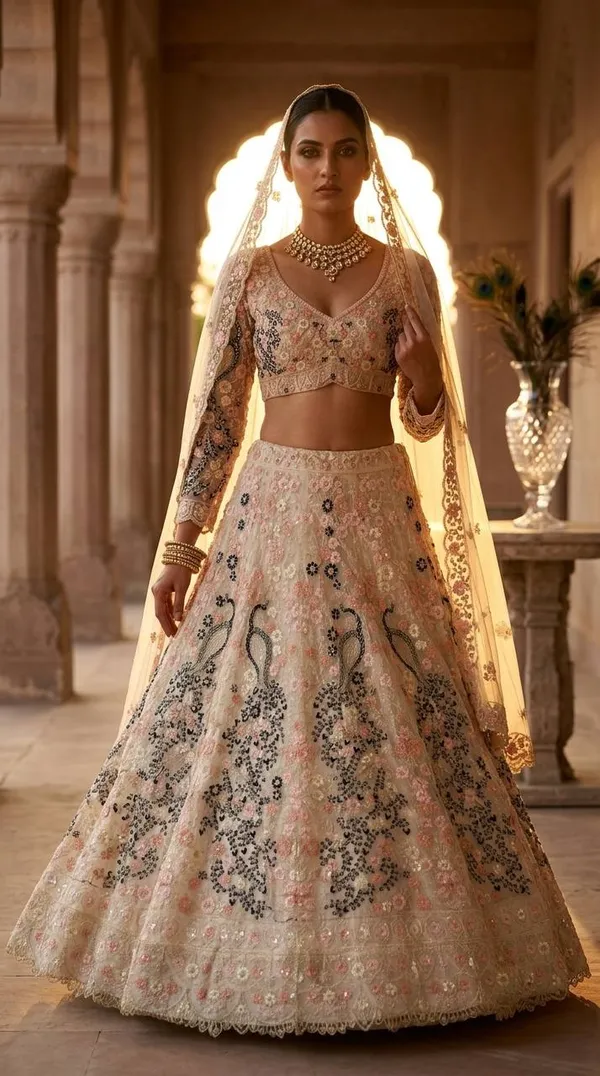 Pastel-Toned,_Heavily_Embroidered_Lehenga_Featuring_Distinct_Peacock_Motifs_And_A_Sheer,_Sequin-Embellished_Dupatta