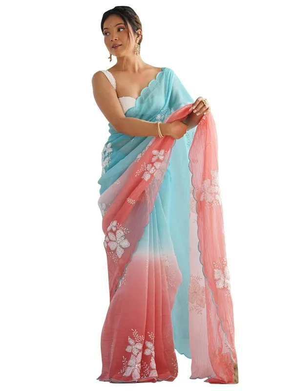 Blue_And_Pink_Ombre_Silk_Blend_Saree_Accentuated_With_Floral_Sequins_Embroidery