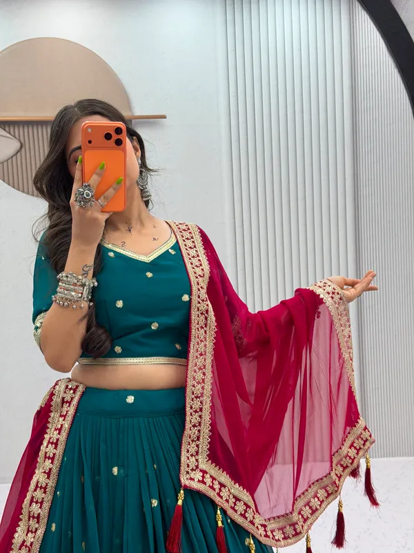 Peacock_Teal_Gold_Foil_Print_Fox_Georgette_Navratri_Lehenga_Set