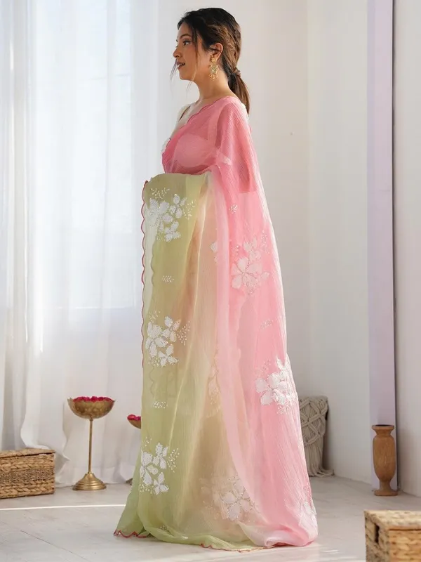 Yellow_And_Pink_Ombre_Silk_Blend_Saree_Accentuated_With_Floral_Sequins_Embroidery