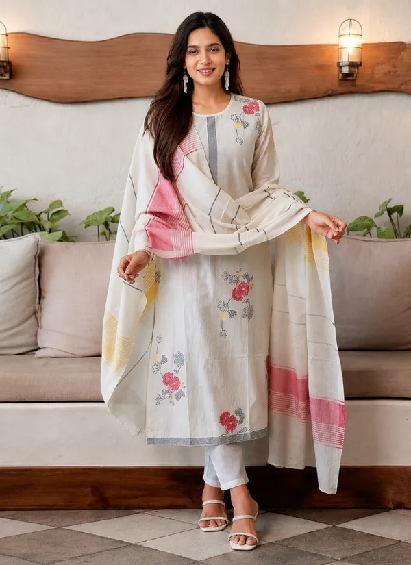 White_Cotton_Women_Kurti_Set_With_Dupatta_And_Inner_And_Bottom