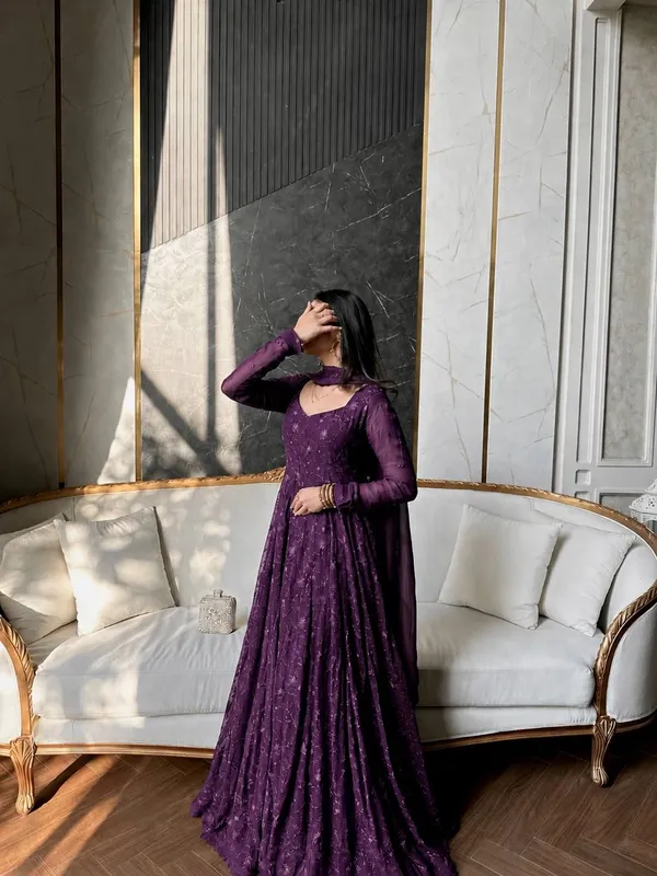 Purple_Thread_Embroidery_Work_With_Gpo_Lace_Georgette_Gown_Set_Stitched