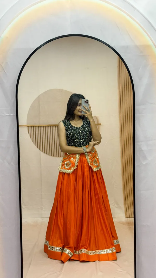 Bright_Orange_Pure_Cotton_Fancy_Real_Mirror_Lace_Work_Flared_Lehenga_With_Embroidered_Koti_Jacket_Blouse