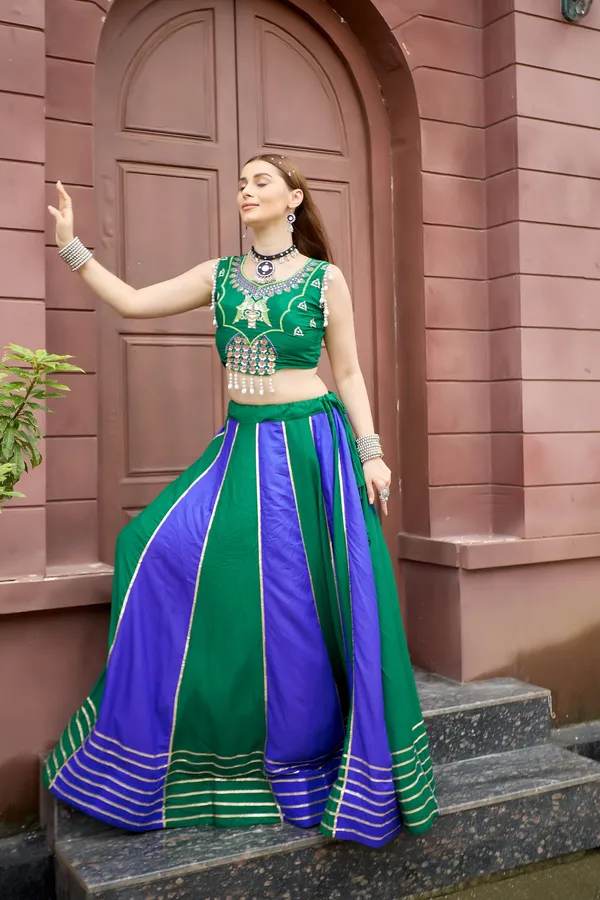 Emerald_Green_And_Royal_Blue_Pure_Cotton_Multi-Panel_Heavy_Lace_Work_Navratri_Lehenga_Choli_Set
