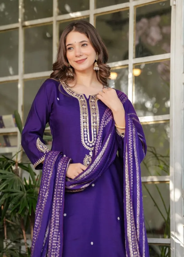 Purple_Embroidered_Sequinned_Chanderi_Silk_Kurta_And_Trousers_With_Dupatta