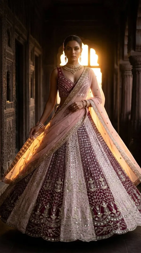 Maroon_And_Silver-Toned_Embroidered_Semi-Stitched_Lehenga_Choli_With_A_Peach_Dupatta