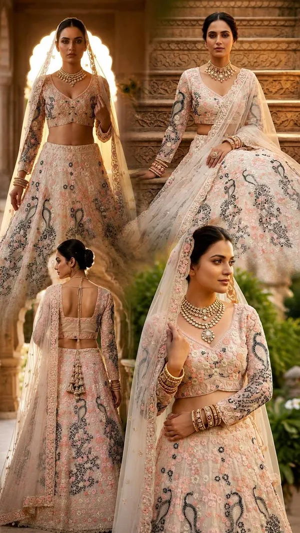 Pastel-Toned,_Heavily_Embroidered_Lehenga_Featuring_Distinct_Peacock_Motifs_And_A_Sheer,_Sequin-Embellished_Dupatta