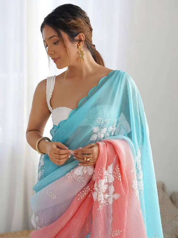 Blue_And_Pink_Ombre_Silk_Blend_Saree_Accentuated_With_Floral_Sequins_Embroidery