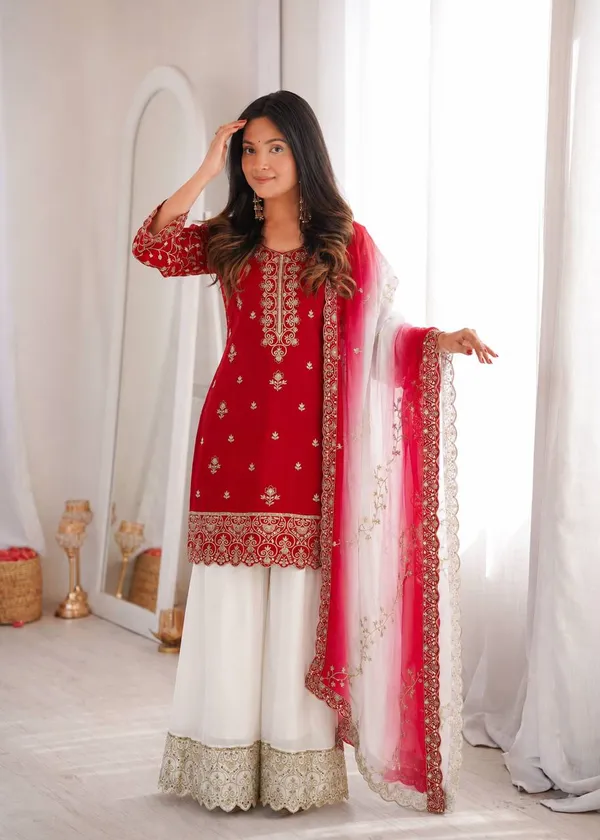 Artistic_Red_Ready_To_Wear_Natural_Silk_Top_Palazzo_With_Kundan_Organza_Dupatta_For_Diwali_Festival