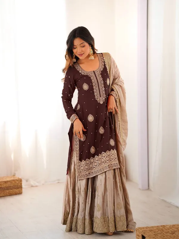 Brown_Embroidered_Sharara_Set_Featuring_Intricate_Zari_Thread_Work_And_A_Matching_Dupatta