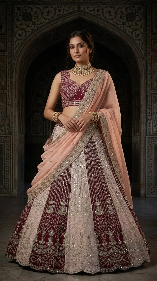 Maroon_And_Silver-Toned_Embroidered_Semi-Stitched_Lehenga_Choli_With_A_Peach_Dupatta