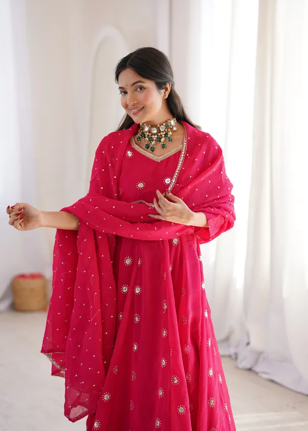 Rani_Pink_Flared_Anarkali_Kurta_Set_With_Matching_Trousers_And_A_Dupatta