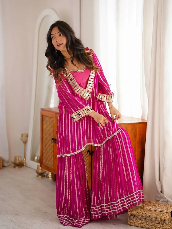 Women'S_Hot_Pink_Gold_Zari_Top_And_Sharara_Set_With_Real_Mirror_Embroidery