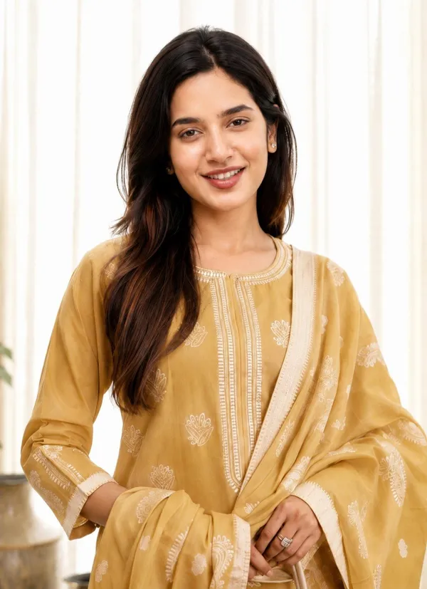 Light_Yellow_Jacquard_Pure_Cotton_Kurti_With_Dupatta_And_Pant