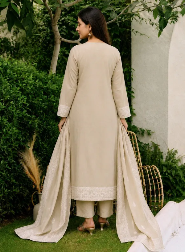 Chiku_Brown_Jacquard_Pure_Cotton_Kurti_With_Dupatta_And_Pant