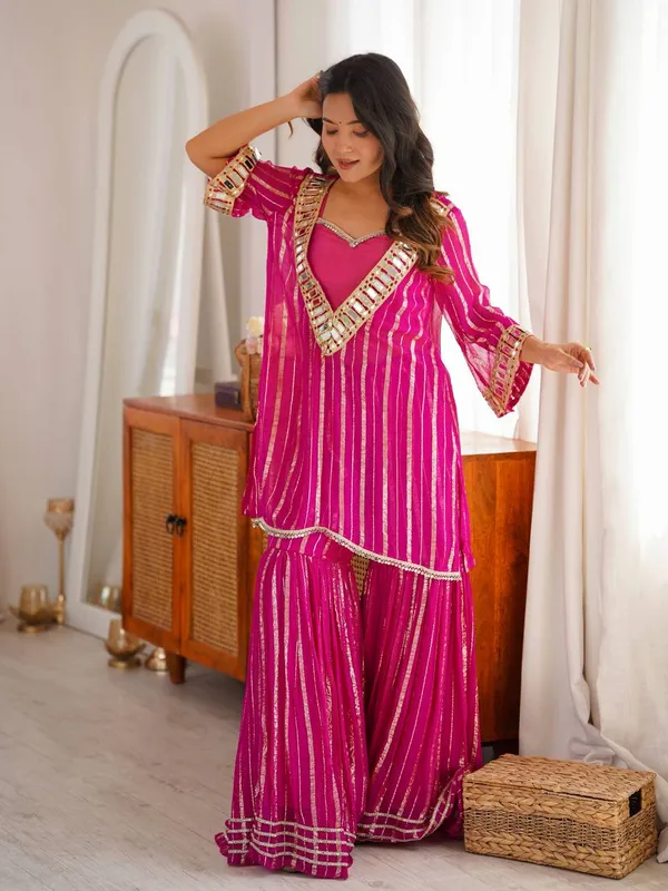 Women'S_Hot_Pink_Gold_Zari_Top_And_Sharara_Set_With_Real_Mirror_Embroidery