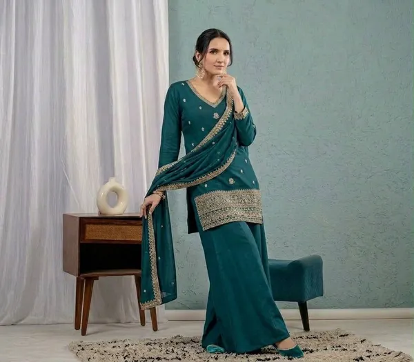 Women'S_Teal_Green_Embroidered_Kurta_Sharara_Set_With_Mal_Chanderi_Dupatta_Stitched