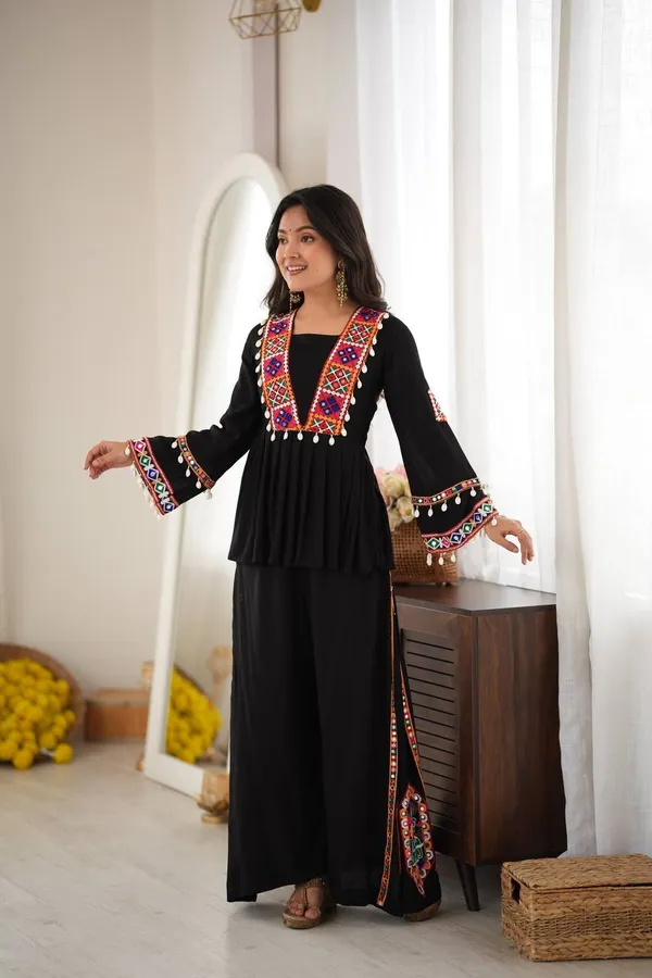 Black_Ethnic_Tunic_And_Palazzo_Set_Detailed_With_Colorful_Kutchi_Mirror-Work_Embroidery_And_Flared_Bell_Sleeves