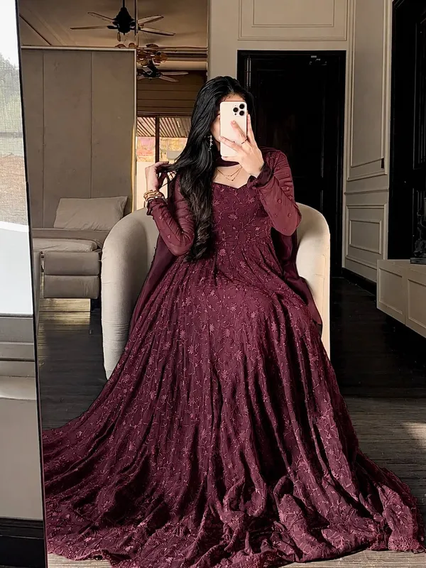 Wine_Thread_Embroidery_Work_With_Gpo_Lace_Georgette_Gown_Set_Stitched