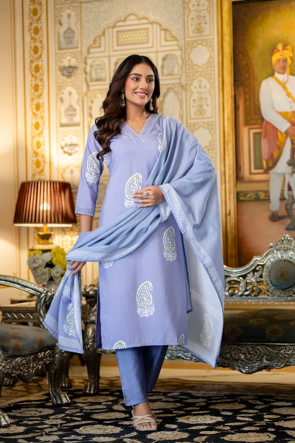 Lavender_Rayon_Printed_Kurta_Pant_Set_With_Chanderi_Dupatta