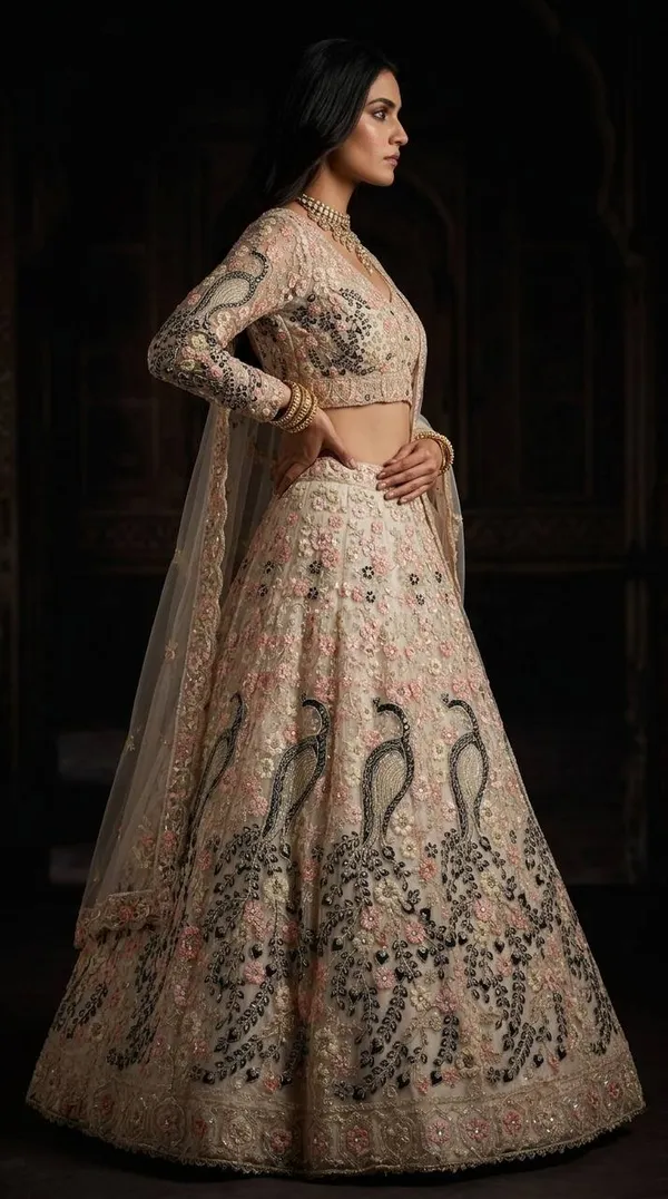 Pastel-Toned,_Heavily_Embroidered_Lehenga_Featuring_Distinct_Peacock_Motifs_And_A_Sheer,_Sequin-Embellished_Dupatta