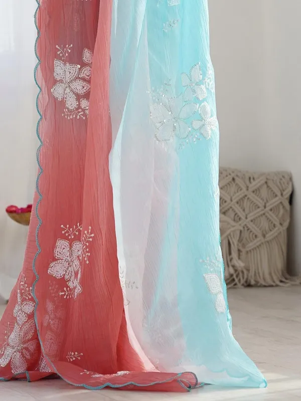 Blue_And_Pink_Ombre_Silk_Blend_Saree_Accentuated_With_Floral_Sequins_Embroidery