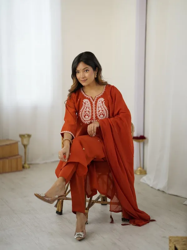 Orange_Color_V_Neck_Embroidered_Chanderi_Kurta_With_Palazzo_And_Dupatta_Set