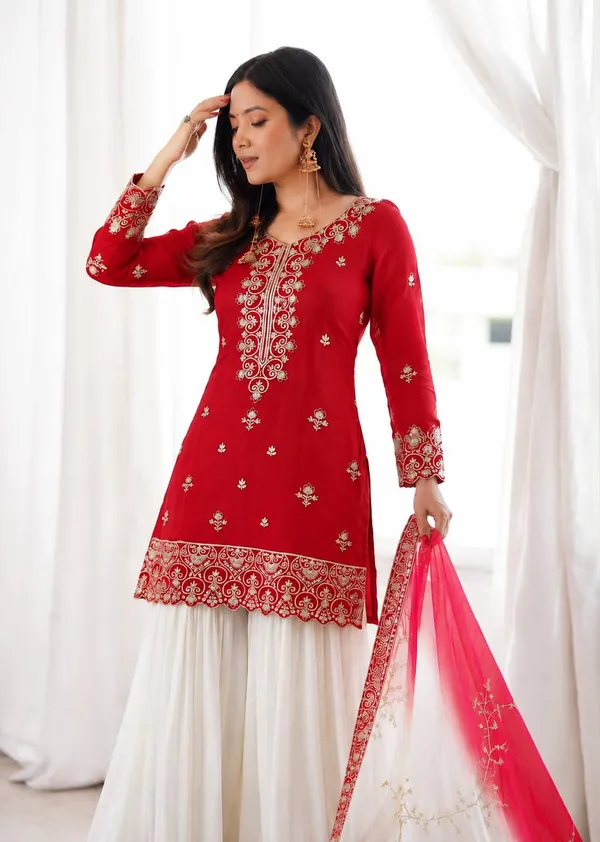 Artistic_Red_Ready_To_Wear_Natural_Silk_Top_Palazzo_With_Kundan_Organza_Dupatta_For_Diwali_Festival