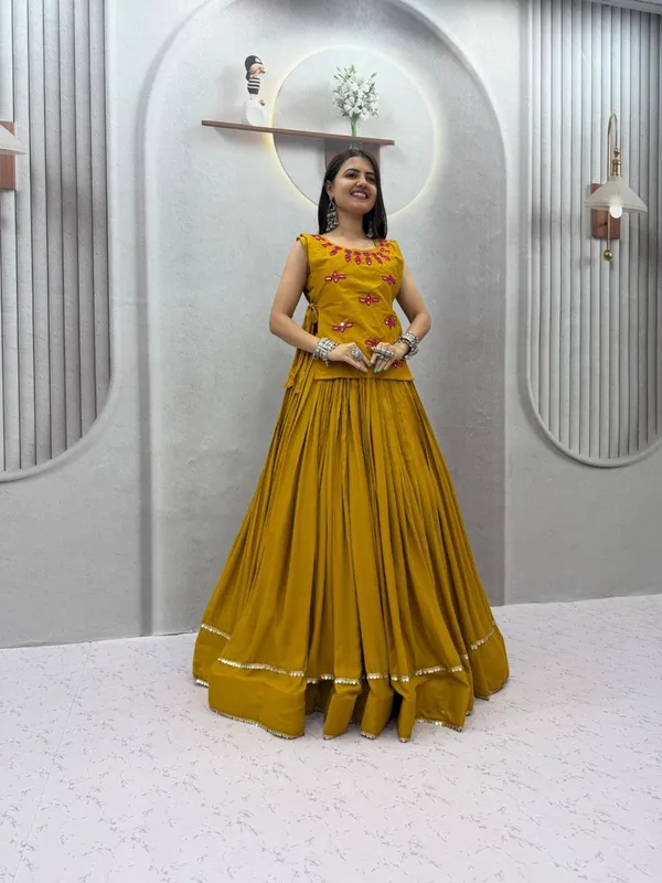 Mustard_Rayon_Cotton_Mirror_Lehenga_Jacket_Set
