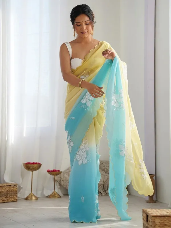 Yellow_And_Blue_Ombre_Silk_Blend_Saree_Accentuated_With_Floral_Sequins_Embroidery