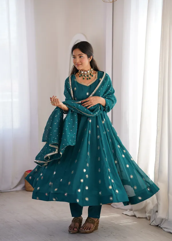 Turquoise_Flared_Anarkali_Kurta_Set_With_Matching_Trousers_And_A_Dupatta