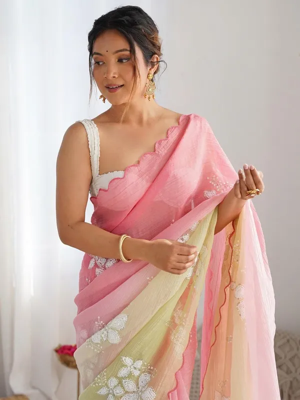 Yellow_And_Pink_Ombre_Silk_Blend_Saree_Accentuated_With_Floral_Sequins_Embroidery