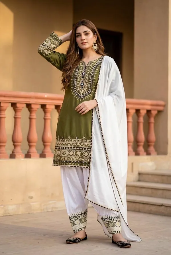Olive_Green_Embroidered_Straight_Kurta_Pant_Set_With_White_Dupatta_|_3_Piece_Salwar_Suit