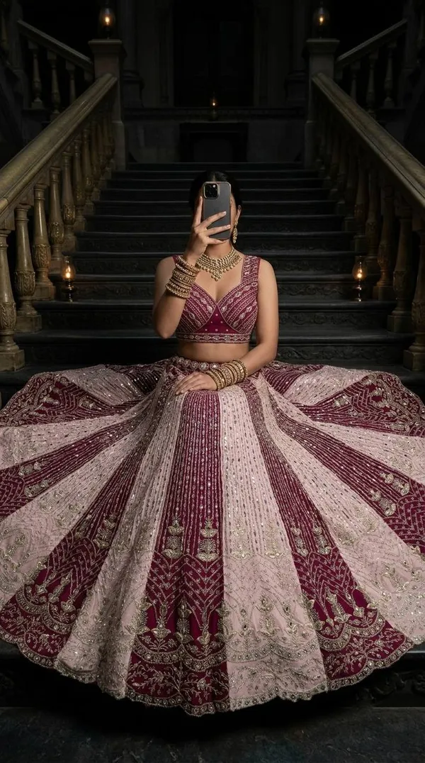 Maroon_And_Silver-Toned_Embroidered_Semi-Stitched_Lehenga_Choli_With_A_Peach_Dupatta
