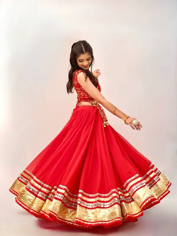 Bright_Red_Heavy_Real_Mirror_Lace_And_Lampi_Work_Flared_Lehenga_With_Embroidered_Long_Kurti_Blouse