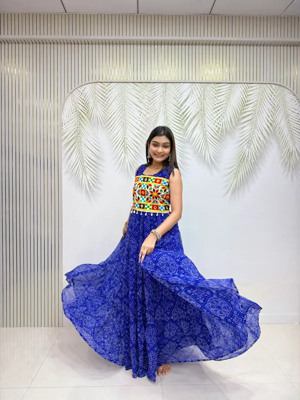 Royal_Blue_Pure_Georgette_Bandhej_Print_Navratri_Special_Tiered_Gown_With_Gamthi_Work