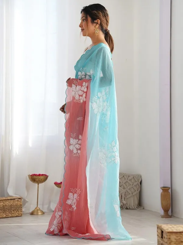 Blue_And_Pink_Ombre_Silk_Blend_Saree_Accentuated_With_Floral_Sequins_Embroidery