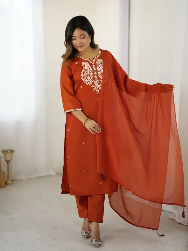 Orange_Color_V_Neck_Embroidered_Chanderi_Kurta_With_Palazzo_And_Dupatta_Set